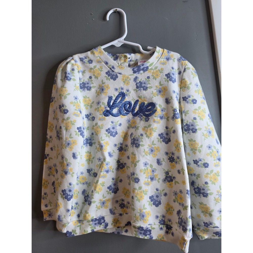 Little Lass Girls Floral Sweatshirt Blue Yellow Love Embroidered Size 6